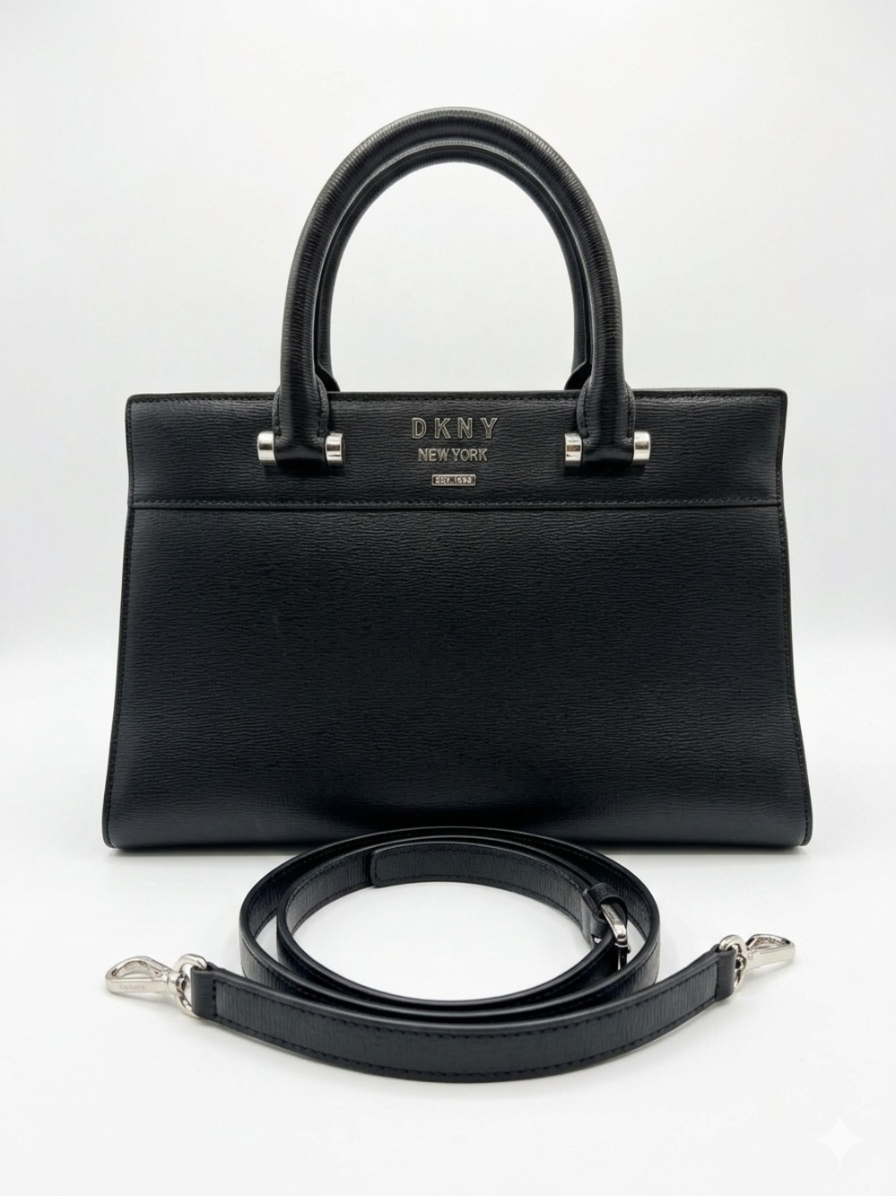 DKNY Black Leather Structured Top-Handle Satchel with Gold Logo